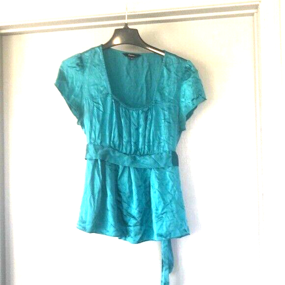 Vtg EXPRESS sz M SILK Blend TOP Tie Belt Short Sleeve Gathered Neckline Babydoll